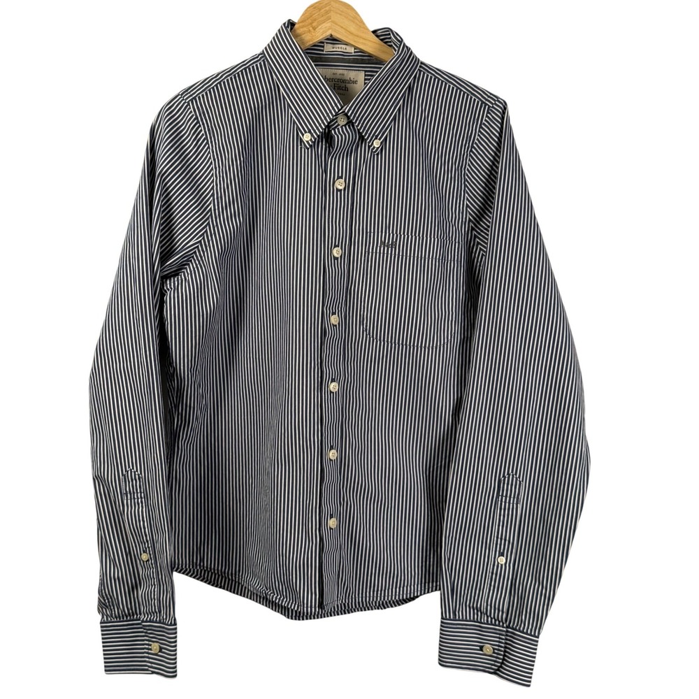Abercrombie & Fitch Mens Large Muscle Fit Striped Button Down Shirt Navy OCBD